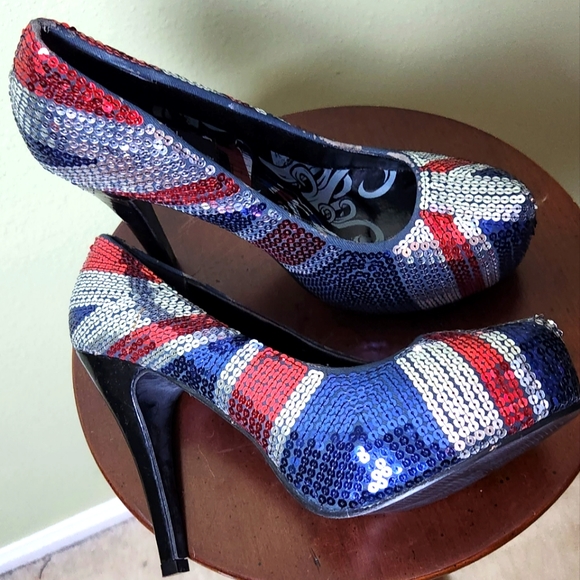 JustFab Shoes - Just Fabulous UK Flag Sequined Heels Size 9